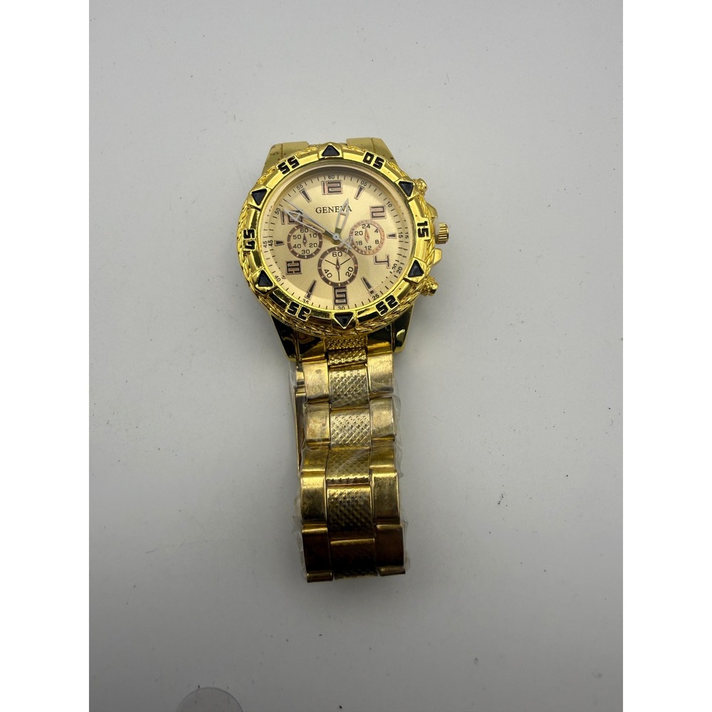 Geneva Mens Gold Tone Chronograph Style Watch Textured Link Bracelet Round Face